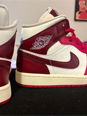 Nike Air Jordan 1 Mid White and Maroon Women's Athletic Shoes